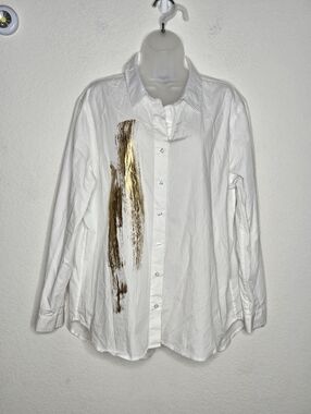 Donna Karan New York White Button Down Shirt Gold Accent Cotton Blouse XL Metal